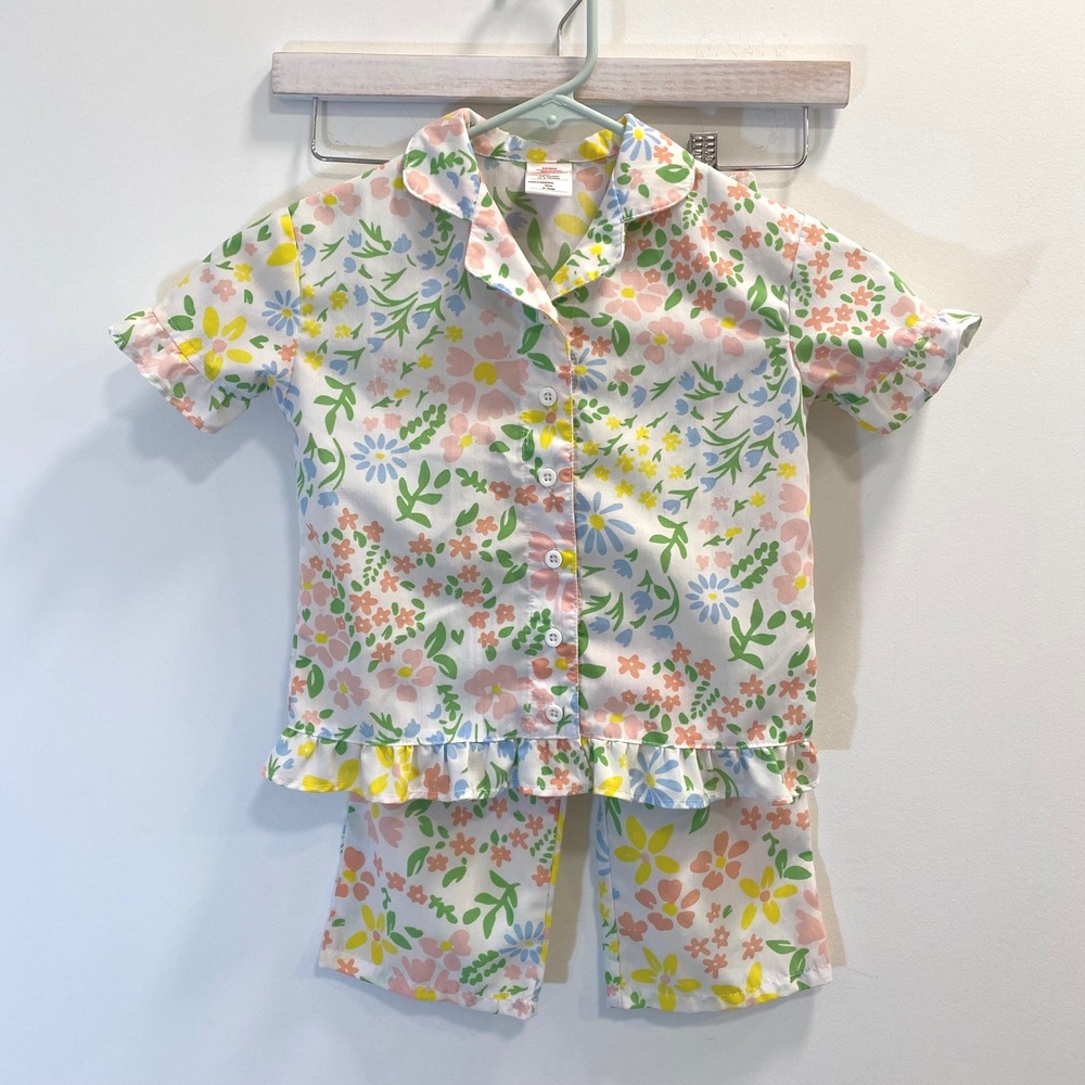 Unbranded Pajama Set Girls 3T White Floral Ruffle Cottagecore Sleepwear Toddler